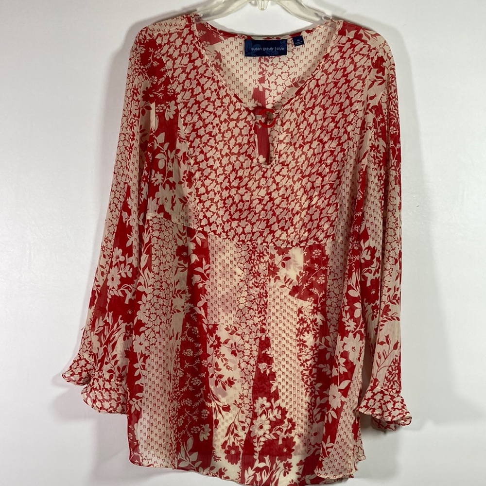 Susan Graver Semi Sheer Long Sleeve Ruffle Cuff Red & White Top Size 1X